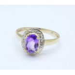 A 9ct gold, amethyst and diamond ring, 1.