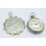 A silver fob watch and a George IV silver crown
