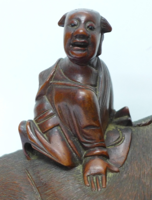 A 19th Century carved oriental wooden figure, boy with water buffalo, - Image 4 of 10