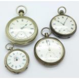 Two silver pocket watches, an Elgin pocket watch and a gun metal cased pocket watch,
