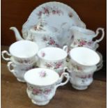 A Royal Albert Lavender Rose tea set, seven cups, (3 a/f), six saucers, 5 + 1 side plates,