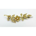 A yellow metal and seed pearl brooch, tests as 15ct/18ct gold, 3.