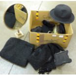 Assorted items including compacts, astrakhan scarf and stole, purses, bowler hat, etc.