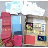 A collection of Masonic medals, regalia, cufflinks, paperwork,