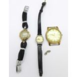 A 9ct gold cased watch, a wristwatch head and a lady's watch,