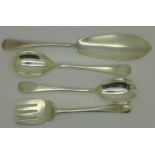 A pair of silver salad servers and a pair of silver fish servers,