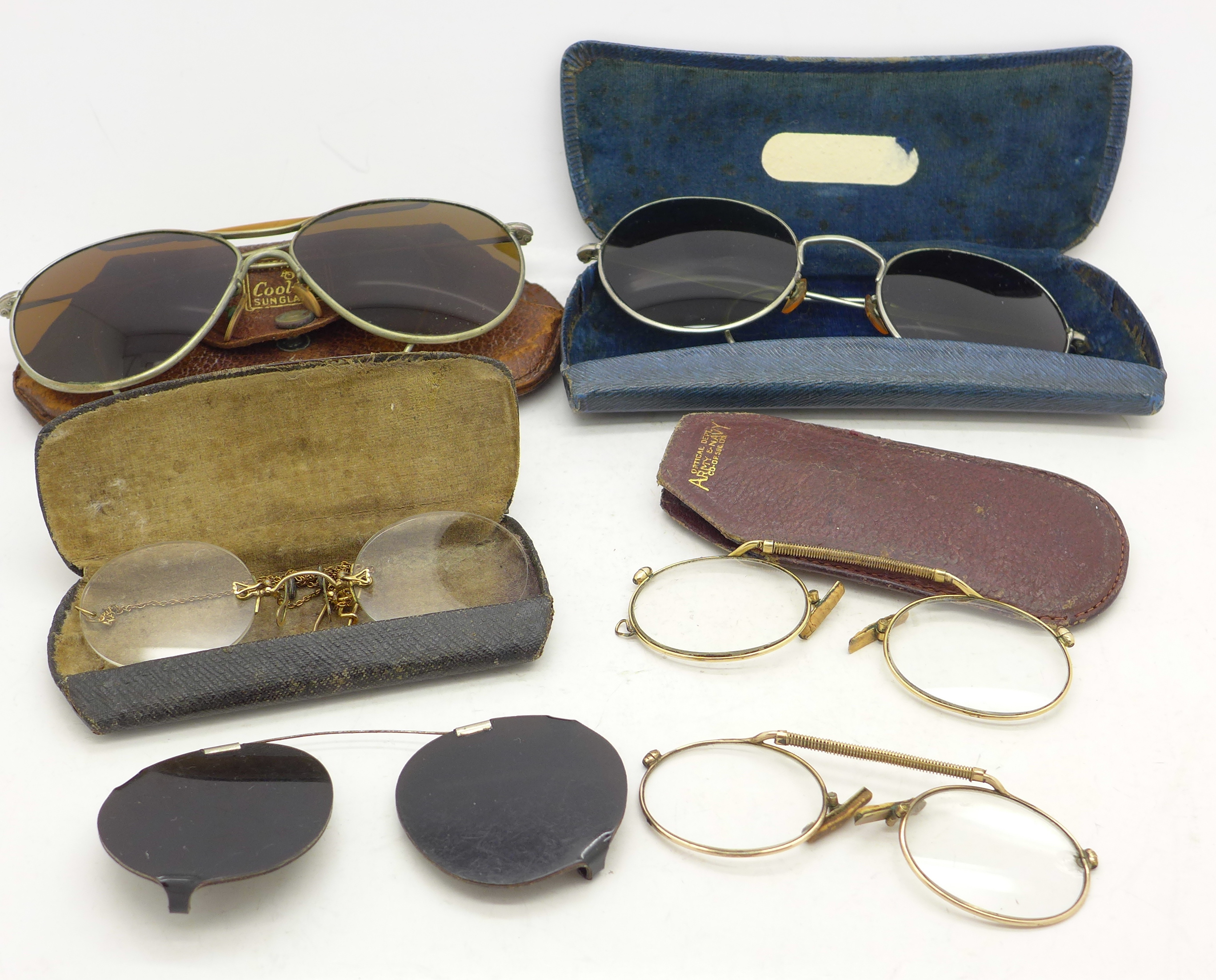 Five pairs of Victorian and vintage spectacles and sunglasses including 1940's WWII RAF Mk VIII