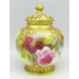 A Royal Worcester lidded vase or pot pourri, lid a/f, early 20th Century, height 12.