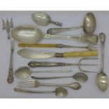 Silver flatware including 19th Century and a fork by George Adams, some a/f,