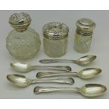 A silver topped hair tidy, a silver topped jar, a silver topped scent bottle and five silver spoons,