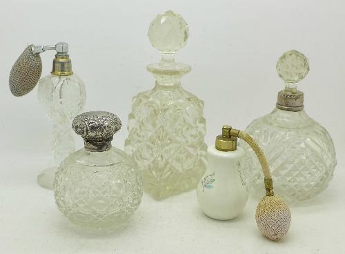 Five scent bottles including silver mounted and an oil pourer, - Image 2 of 8