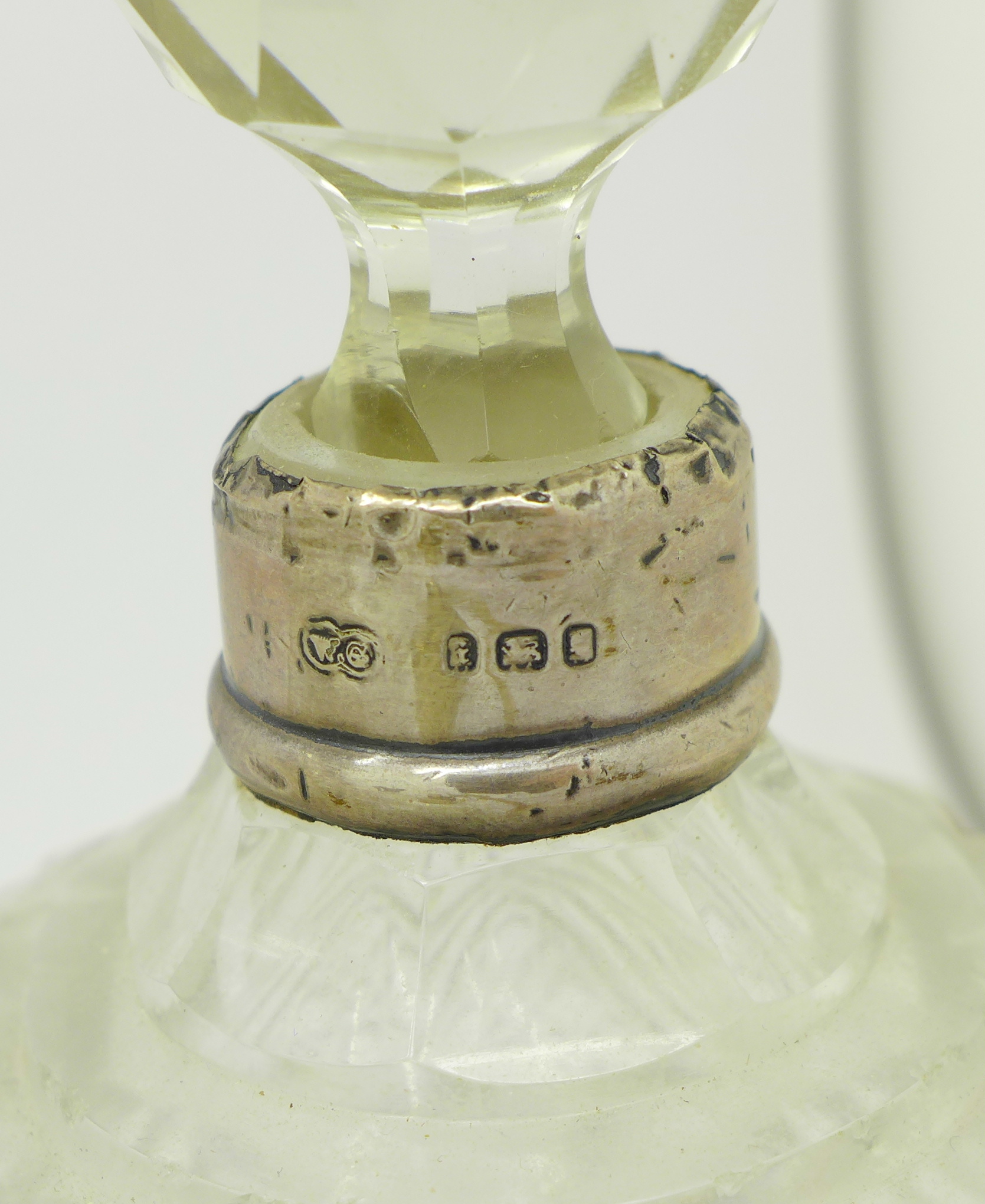 Five scent bottles including silver mounted and an oil pourer, - Image 5 of 8