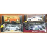 Four 1:18 scale model vehicles; two Maisto, one Auto Art and one Burago, Mercedes-Benz CLK-DTM 2000,