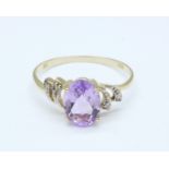 A 9ct gold, amethyst and diamond ring, 1.