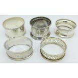 Five silver napkin rings,