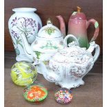 A Portmeirion vase, three teapots, one a/f,