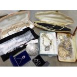 Jewellery including a silver and amber necklace and a silver compact marked LG883,