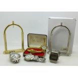 Two pocket watch stands and assorted wristwatches