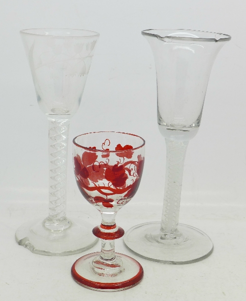 Two early 19th Century glass wines with twist stems and one with etched bowl, both a/f, - Image 6 of 10