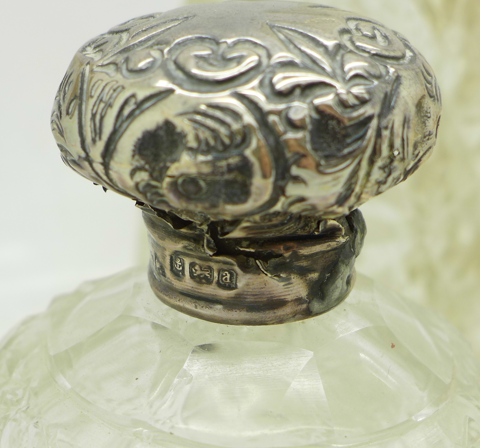 Five scent bottles including silver mounted and an oil pourer, - Image 3 of 8