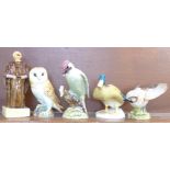 A large Beswick figure of a jay, 1219, duck, 817, barn owl, 1046 and woodpecker, 1218,