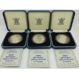 Three silver proof coins, 28g each, The Queen Mother's 90th Birthday,