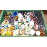 Assorted minerals and stones, tigers eye jewellery, carved jade, etc.