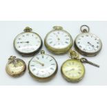 Five silver cased watches and one other,