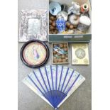 A box of oriental items including brass box, photograph frame, etc.