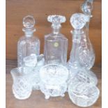 Four crystal decanters and other glassware