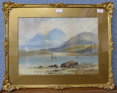 Horace Chambers, landscape with boats on a lake, watercolour, 34 x 48cms, - Image 2 of 2