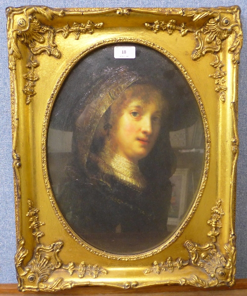 A 17th Century style oval oleograph, portrait, 39 x 29cms,