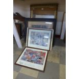 A gilt framed mirror and eight prints