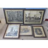 Five early 20th Century oak framed photographic prints