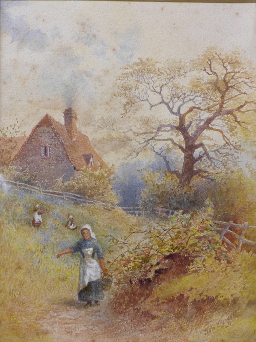 * Angell (early 20th Century), maid on a country path, watercolour, 21 x 16cms,