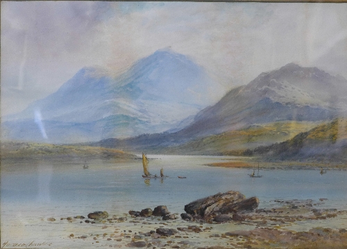 Horace Chambers, landscape with boats on a lake, watercolour, 34 x 48cms,