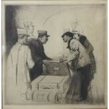 A signed Salomon Van Abbe (Dutch 1883 - 1955) limited edition etching, porters at railway platform,
