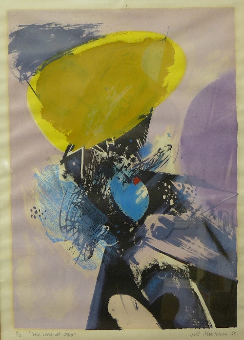 A signed Jull Muskhim limited edition screen print, The Seed at Zero, 5/12, dated 1964, 51 x 36cms,