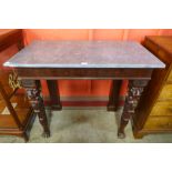 A George IV Irish mahogany console table, the rectangular grey marble top above a plain frieze,