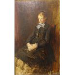 English School, three quarter portrait of a seated widower, oil on canvas, 69 x 43cms,