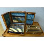 A Victorian plated canteen of cutlery with ivory handles, in walnut case,