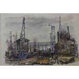 * Bisby, landscape with railway sidings, pen, ink and wash, dated '54,