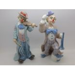 Two Leonardo Collection clown figures, violin bow a/f,