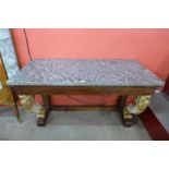 A 19th Century mahogany console table, the rectangular grey marble top above a plain frieze,