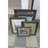 Seven oak framed prints