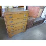 Two oak chests of drawers and a single stacking bookcase section