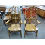 A pair of beech Windsor highback armchairs