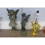 A cherub table lamp and two figural nymphs