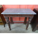 A George IV Irish mahogany console table, the rectangular grey marble top above a plain frieze,