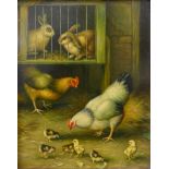 Three 19th Century style oil paintings, two of chickens in a barn and one of rabbits,